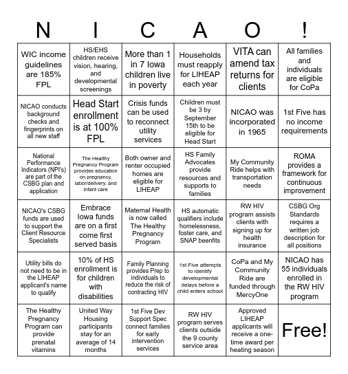 NICAO All-Agency Facts Bingo Card