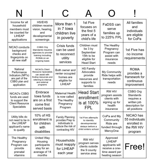 NICAO All-Agency Facts Bingo Card