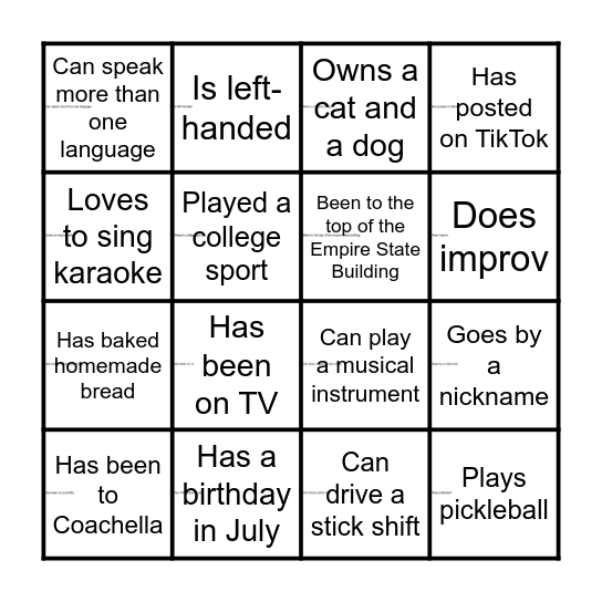 RHR Bingo Card