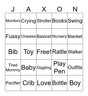 Kendall's Baby Shower Bingo Card