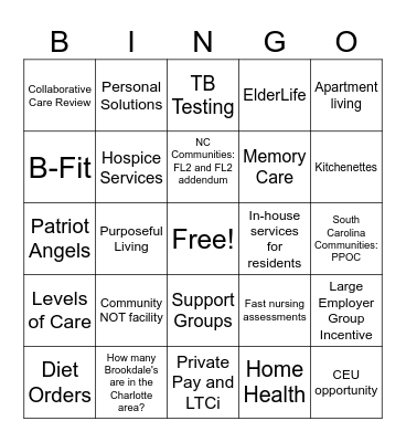 Brookdale Senior Living Bingo Card