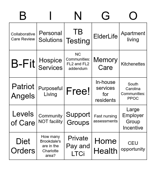 Brookdale Senior Living Bingo Card