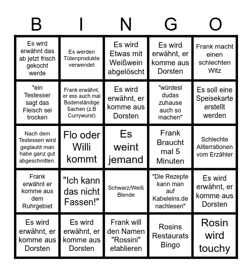 Rosins Restaurant Bingo Card