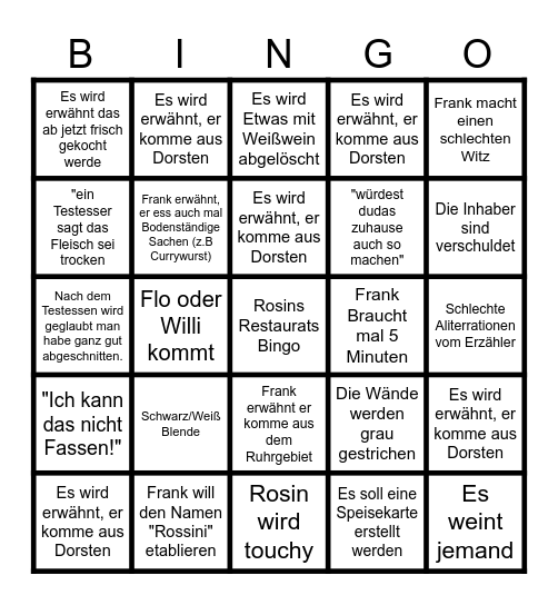 Rosins Restaurant Bingo Card