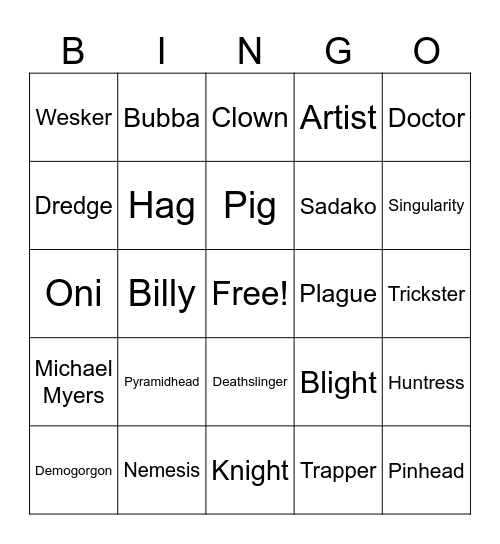 Dead by Daylight Killer Bingo Card