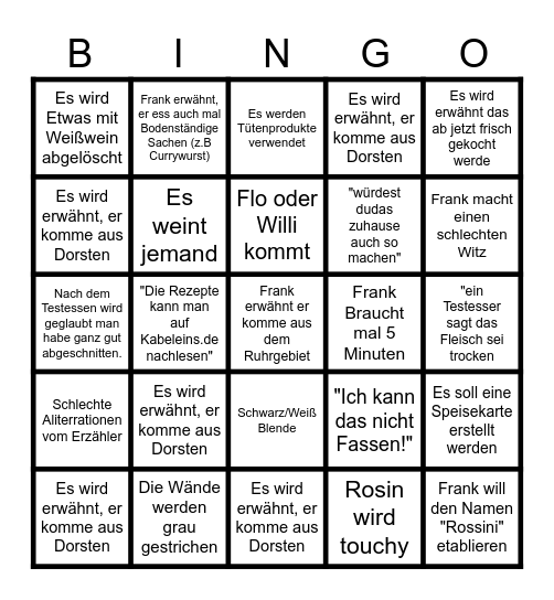 Rosins Restaurant Bingo Card
