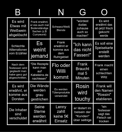 Rosins Restaurant Bingo Card