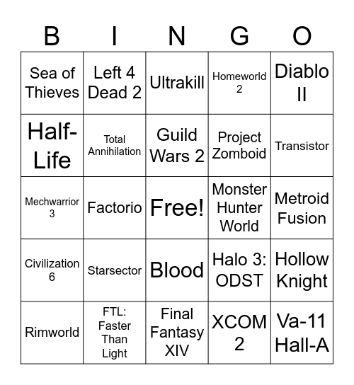 Games Bingo Card