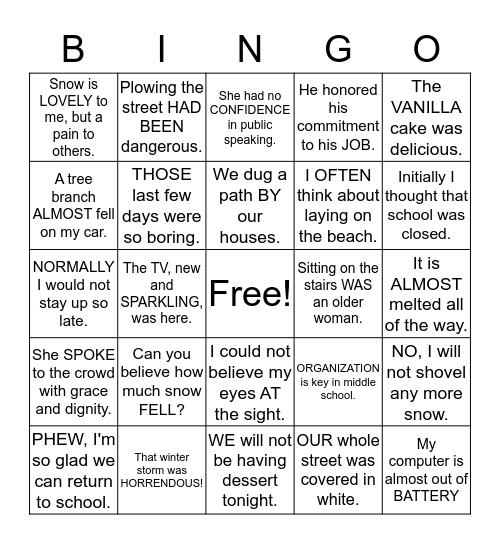 Grammar Bingo Card