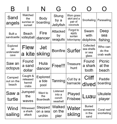 Beach Vacation Bingo Card