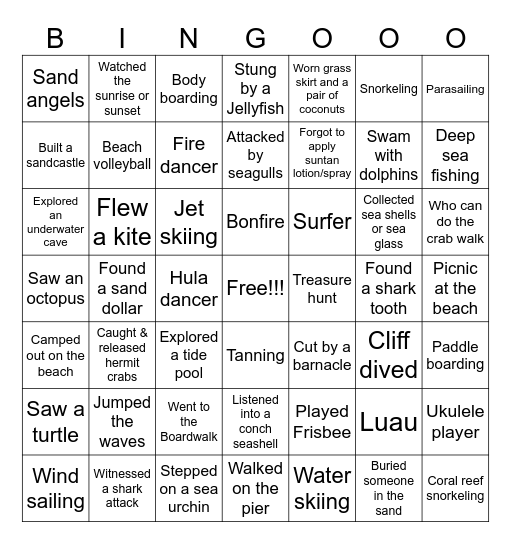 Beach Vacation Bingo Card