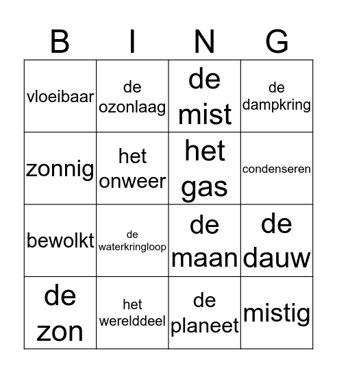 de ruimte       het weer Bingo Card