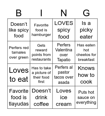 MCS Food Bingo Card