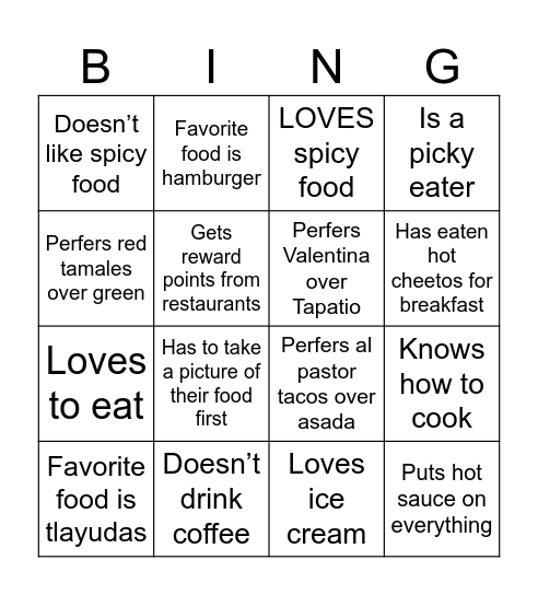 MCS Food Bingo Card
