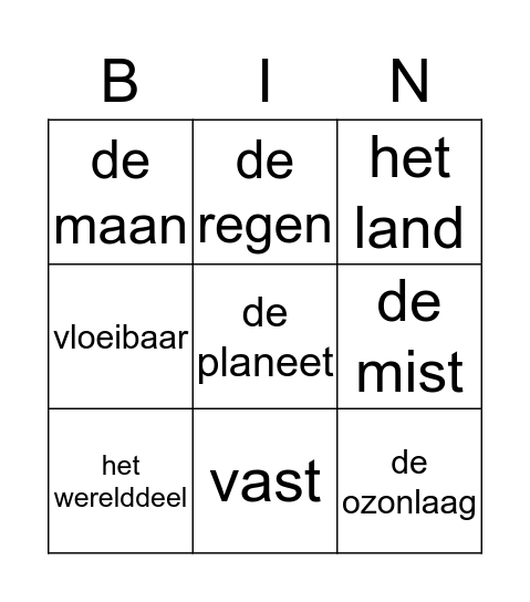 de ruimte     het weer Bingo Card