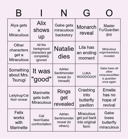 Miraculous Season 5 Finale Bingo Card