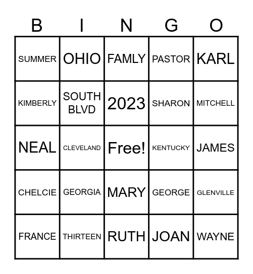 FAMILY REUNION 2023 Bingo Card