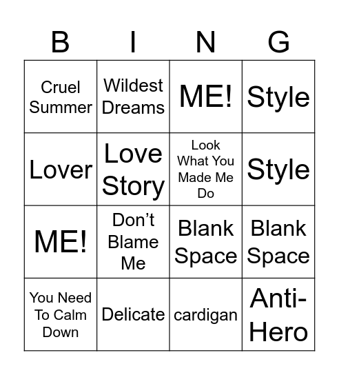 Taylor BINGO! Bingo Card