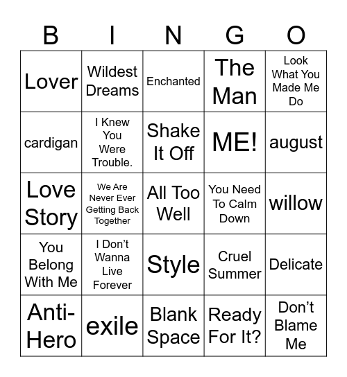 Taylor Bingo Card