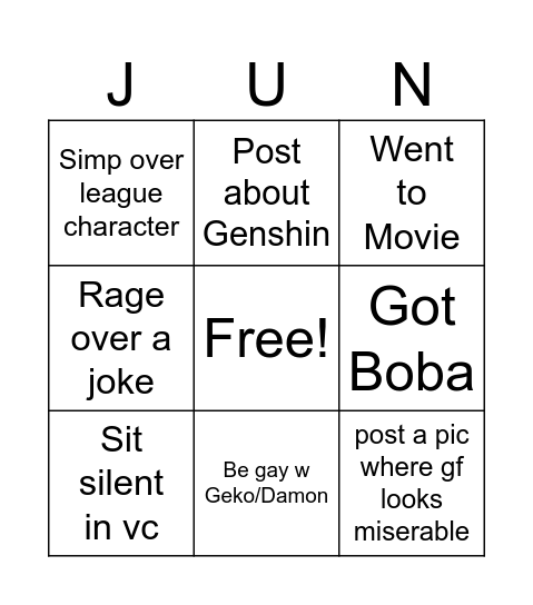 Jun Bingo Card