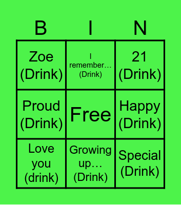 Zoe’s birthday Bingo Card