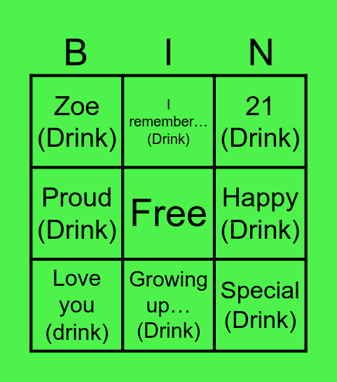 Zoe’s birthday Bingo Card