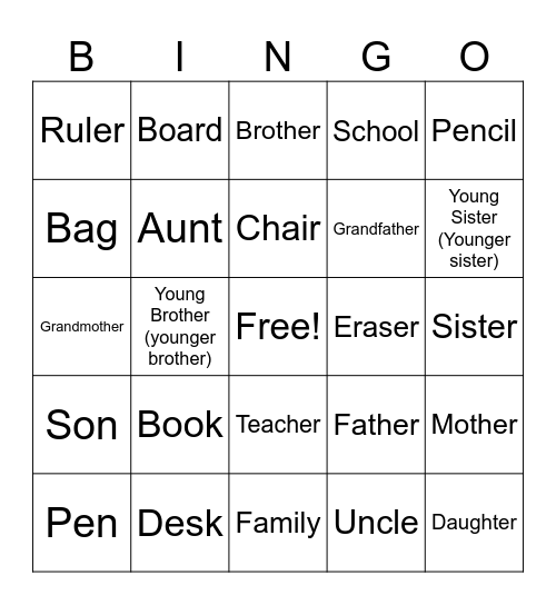 school & family Bingo Card