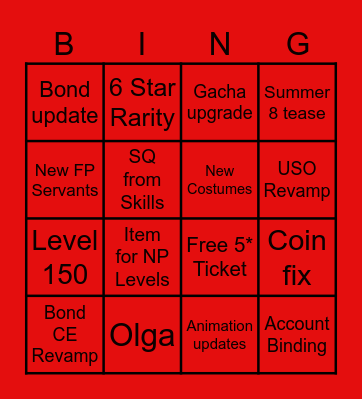 FGO 8th Anniversary Bingo Card