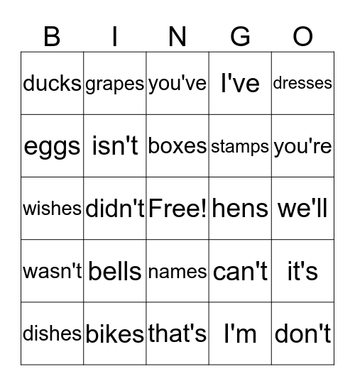 Base words with endings -s and -es and Contractions  Bingo Card