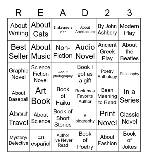 Summer Reading Plan 2023 Bingo Card