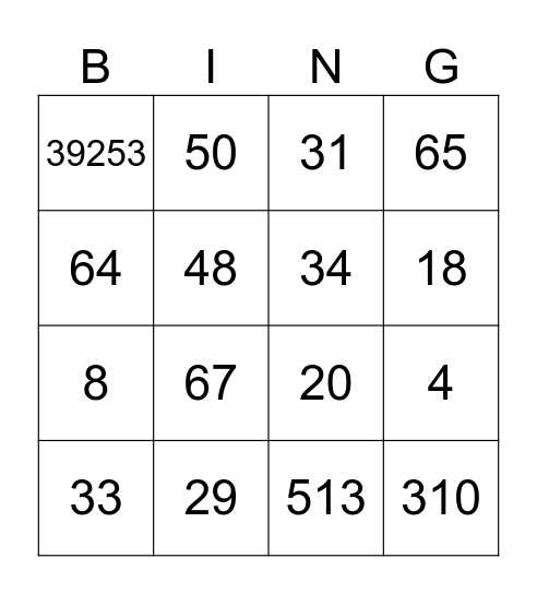 Number Bingo Card