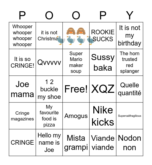 Cringe Bingo Card