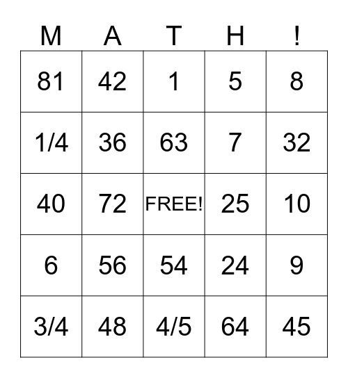 Math Bingo Card