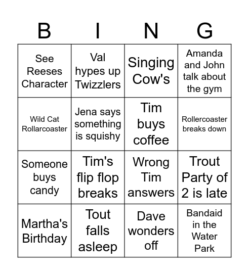 Hershey Park Bingo Card