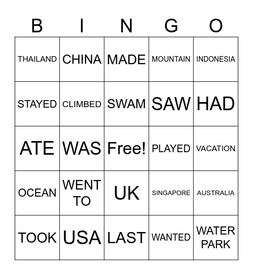 SUMMER VACATION Bingo Card