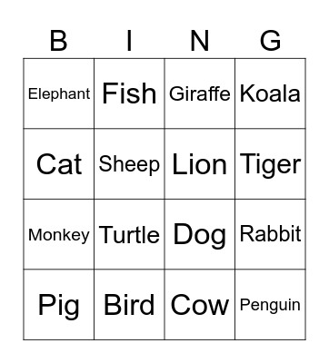 Animal bingo Card