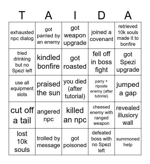 TAIDA Souls Easy Board Bingo Card