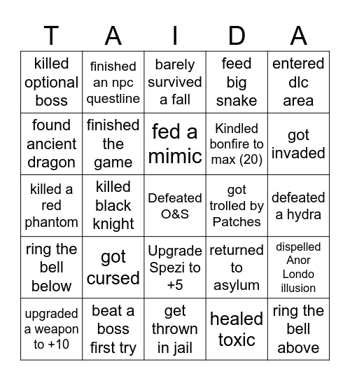 TAIDA Souls Hard Board Bingo Card