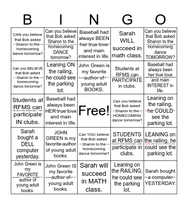 Parts of Speech Bingo Card