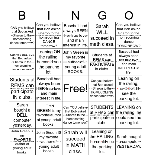 Parts of Speech Bingo Card