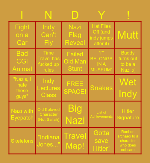 Indiana Jones and the Damaged Liver Bingo Card