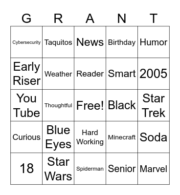 Grant's 18th Birthday BINGO Card