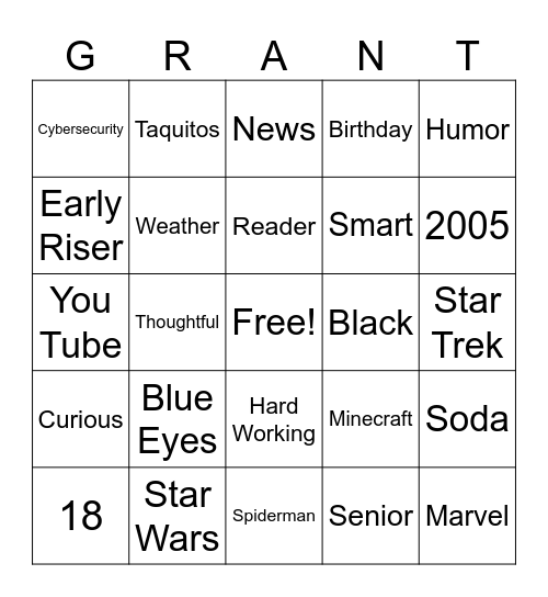 Grant's 18th Birthday BINGO Card