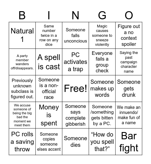 First Session Bingo Card