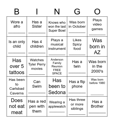 Anderson Family Reunion Bingo Card