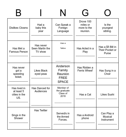 Anderson Reunion #1 Bingo Card