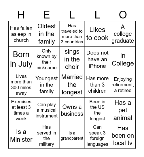 Getting to Know You- Family Reunion Bingo Card