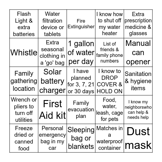 I have ready for a disaster (circle if multiple answers) Bingo Card