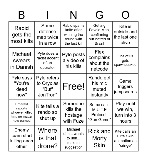 Rainbow6 Siege Bingo Card