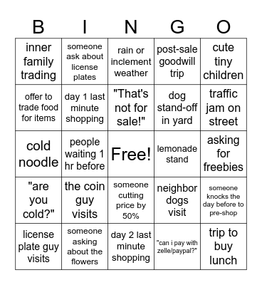 Annual Multi-Family Yard Sale Bingo Card